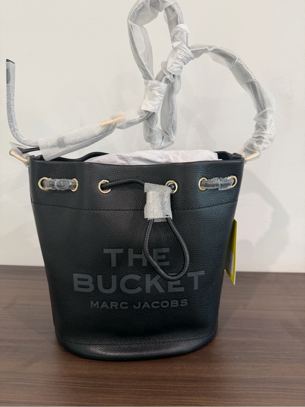 Marc Jacobs Black Leather 'The Bucket' Logo Drawstring Bag